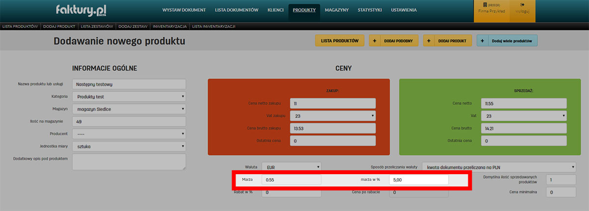 Jak ustawić marżę dla produktu na stronie edycji jego danych