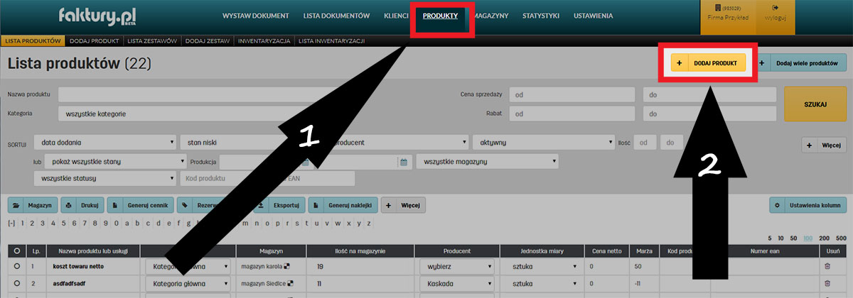 Dodawanie produktu do magazynu w programie faktury.pl Jak wybrać magazyn dla produktu w serwisie faktury.pl