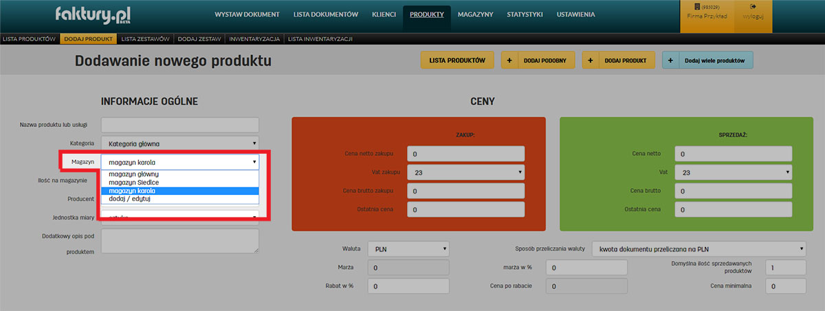 Jak przypisać produkt do magazynu na stronie edycji danych produktu na faktury.pl Pole magazyn w edycji danych produktu w serwisie faktury.pl