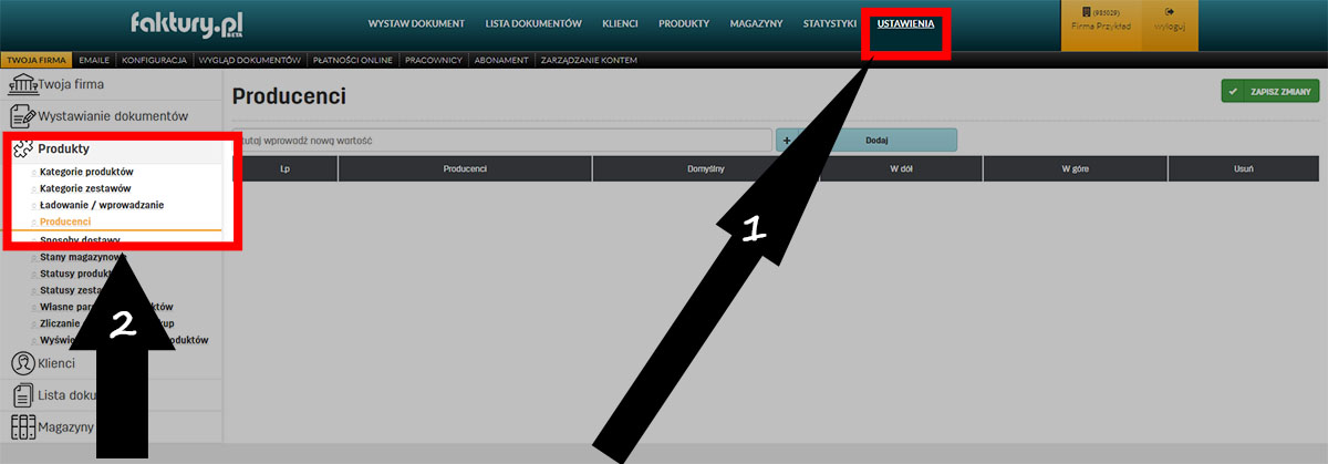 Zapis producenta w ustawieniach serwisu do fakturowania faktury.pl