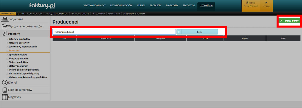 Producenci w programie do faktur online faktury.pl
