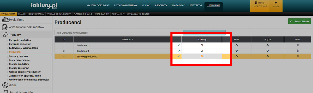 Domyślny producent w programie faktury.pl