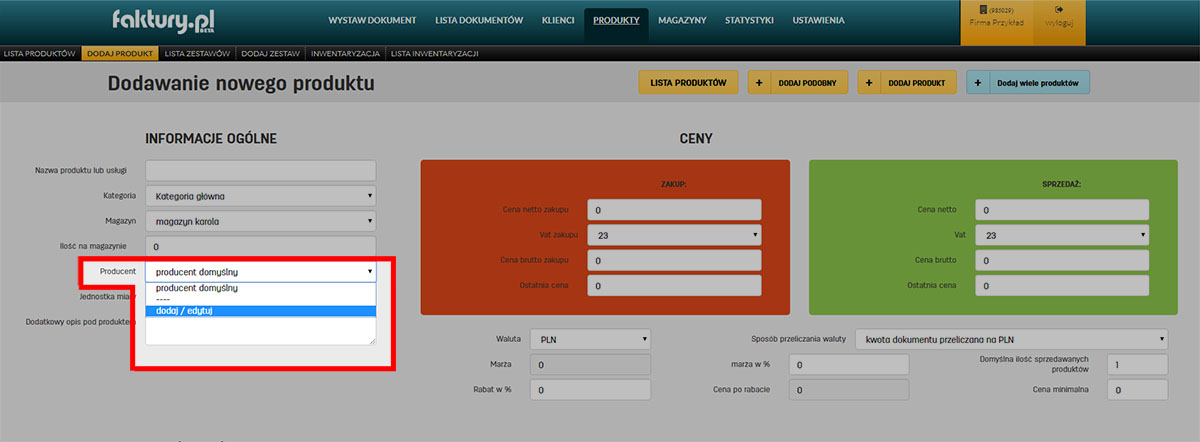 Ustawienie producenta dla produktu w programie faktury.pl