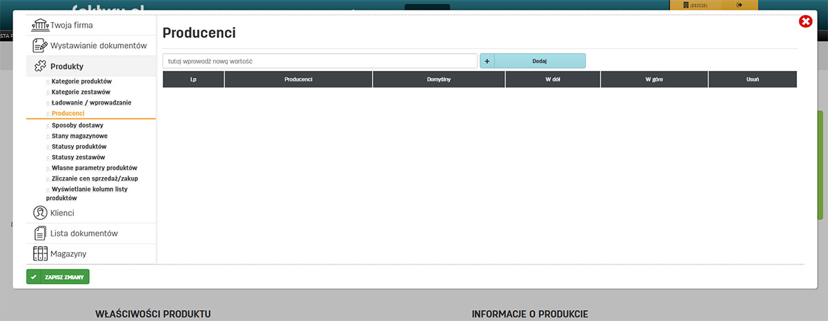 Lista producentów w ustawieniach programu do fakturowania online faktury.pl