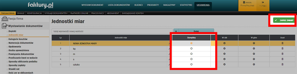Jak ustawić domyślną jednostkę miary w programie faktury.pl Ustawienie domyślnej jednostki miary w serwisie faktury.pl