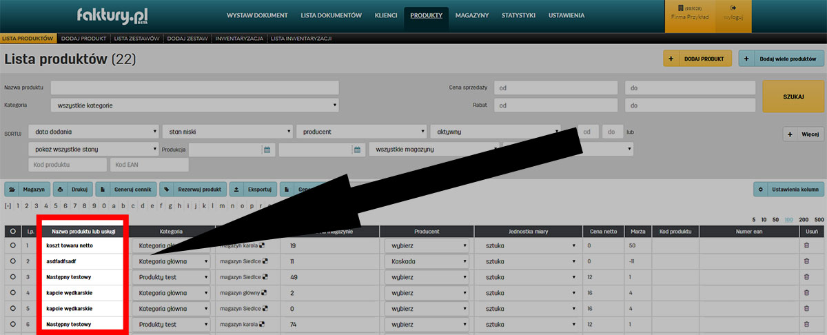Produkty podobne w serwisie faktury.pl Lista produktów w programie do wystawiania faktur online faktury.pl