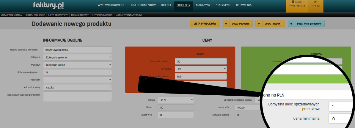 Pole na domyślną ilość sprzedawanych produktów w serwisie faktury.pl