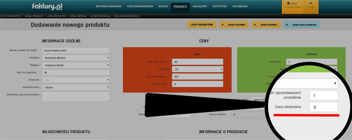 Wprowadzanie ceny minimalnej do produktu zapisanego w bazie faktury.pl