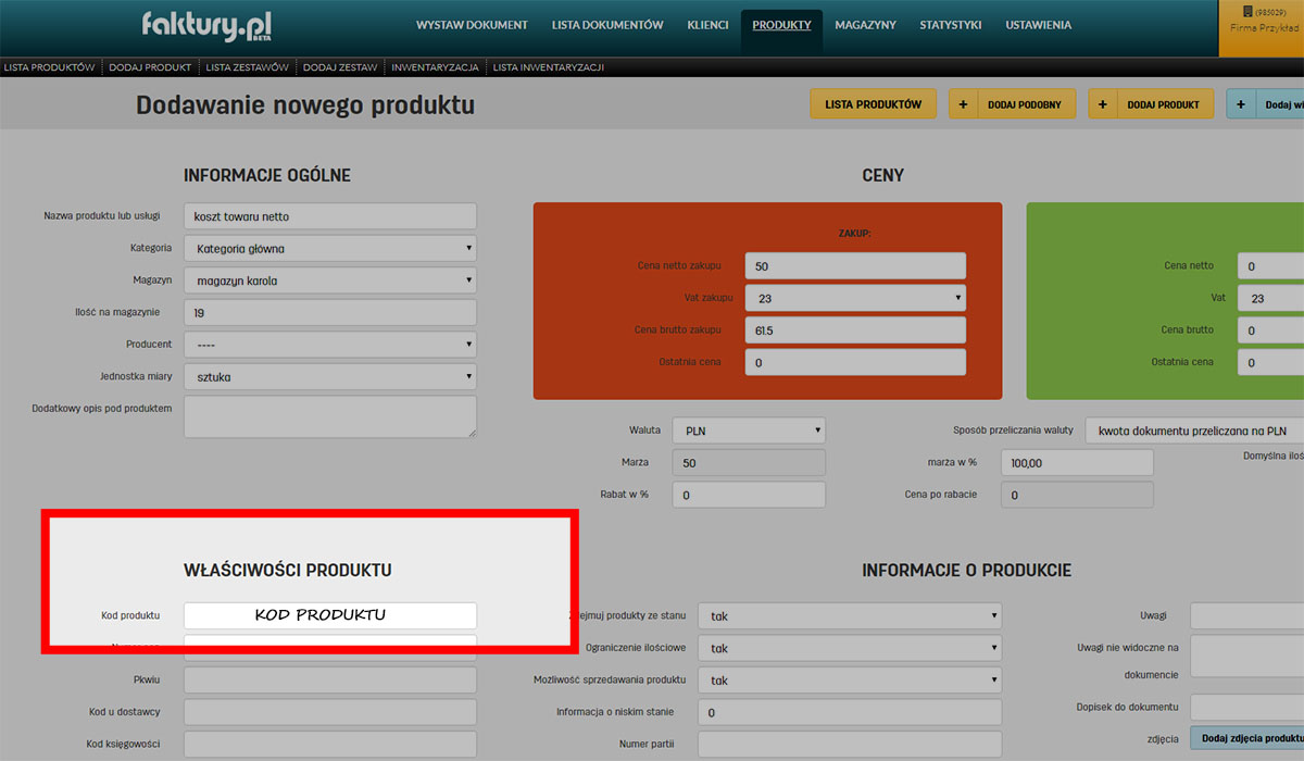 Pole na kod produktu na stronie dodawania produktu w serwisie faktury.pl