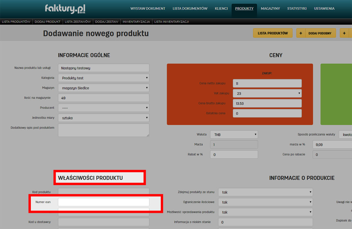 Gdzie wprowadzić numer EAN dla produktu Pole na numer EAN w edycji danych produktu w faktury.pl