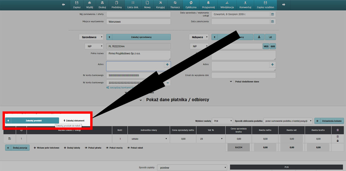 Ładowanie produktów na fakturę z bazy produktów w faktury.pl Jak załadować produkt do faktury w serwisie faktury.pl