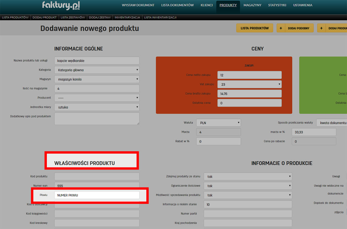 Gdzie wprowadzić PKWiU produktu na faktury.pl Pole na numer PKWiU na stronie edycji danych produktu w serwisie faktury.pl