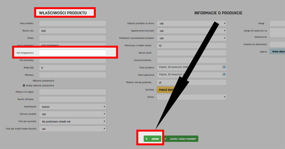 Jak wprowadzić kod księgowości produktu w serwisie faktury.pl Polę na kod księgowości w edycji danych produktu na faktury.pl