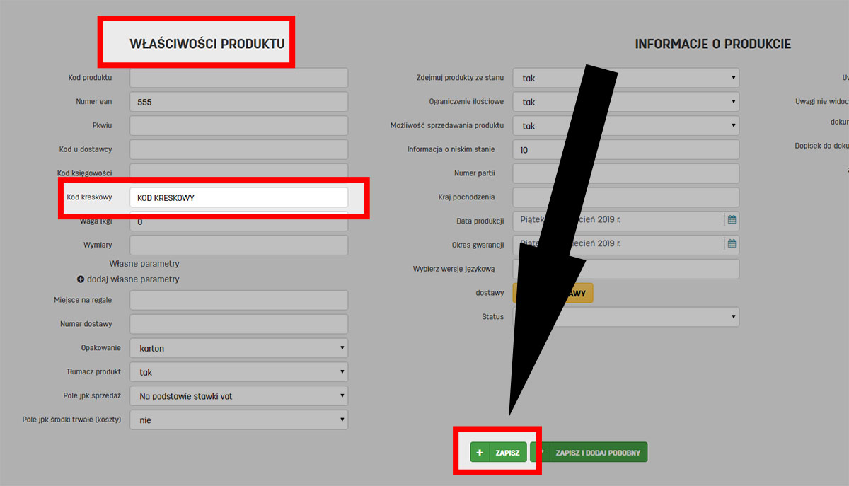 Jak wprowadzić kod kreskowy dla produktu na faktury.pl Pole na kod kreskowy na stronie edycji danych produktu na faktury.pl