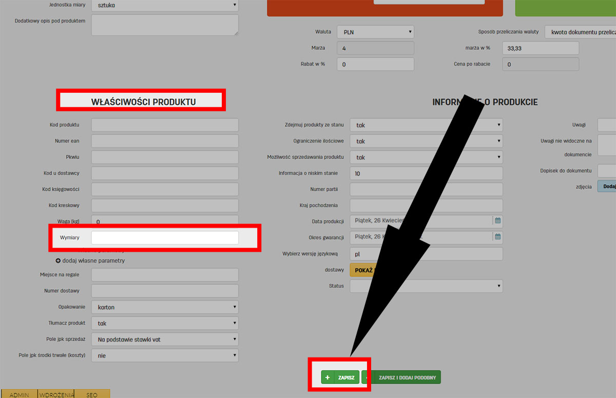 Wymiary produktu na faktury.pl Wymiary produktu na stronie edycji danych produktu