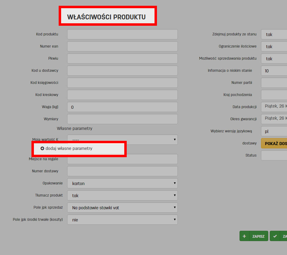 dodawanie własnych parametrów dla produktów w faktury.pl