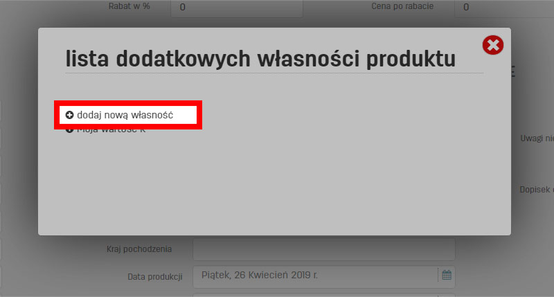 Okno dialogowe własnych parametrów produktów