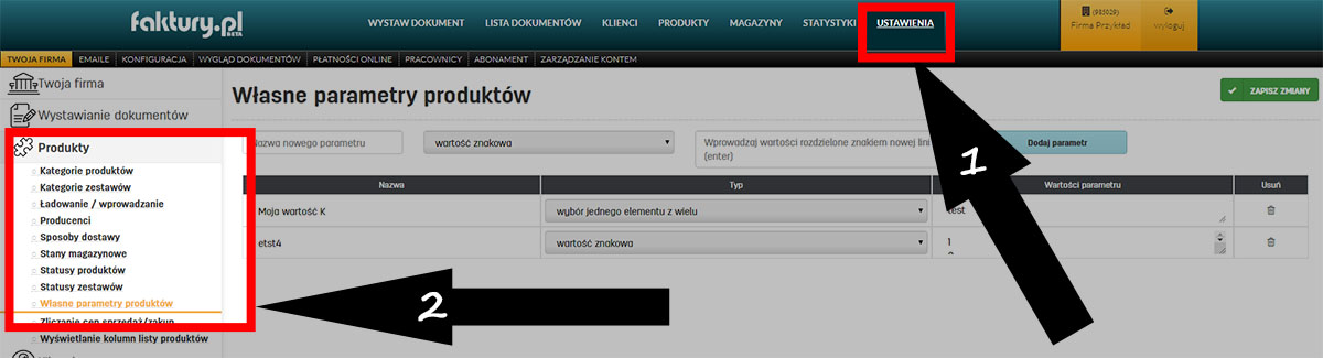 Ustawienia własnych parametrów produktów