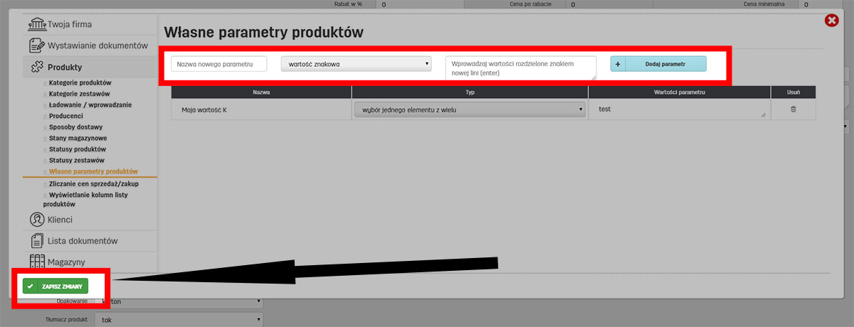 Dodawanie nowego parametru dla produktu w ustawieniach programu faktury.pl