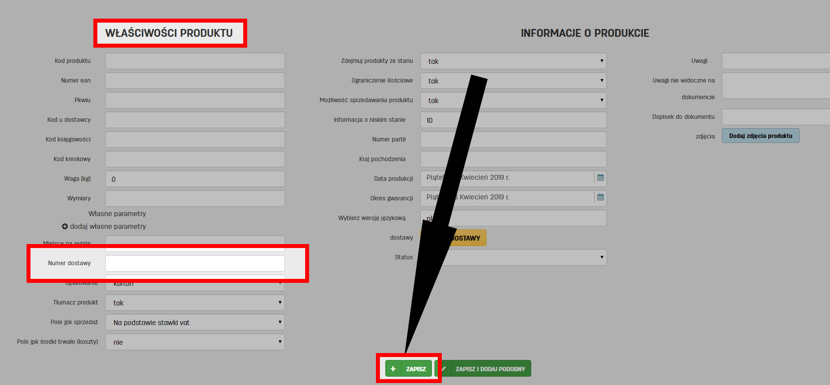 Jak dodać numer dostawy przy dodawaniu produktu Pole na numer dostawy w edycji danych produktu na faktury.pl