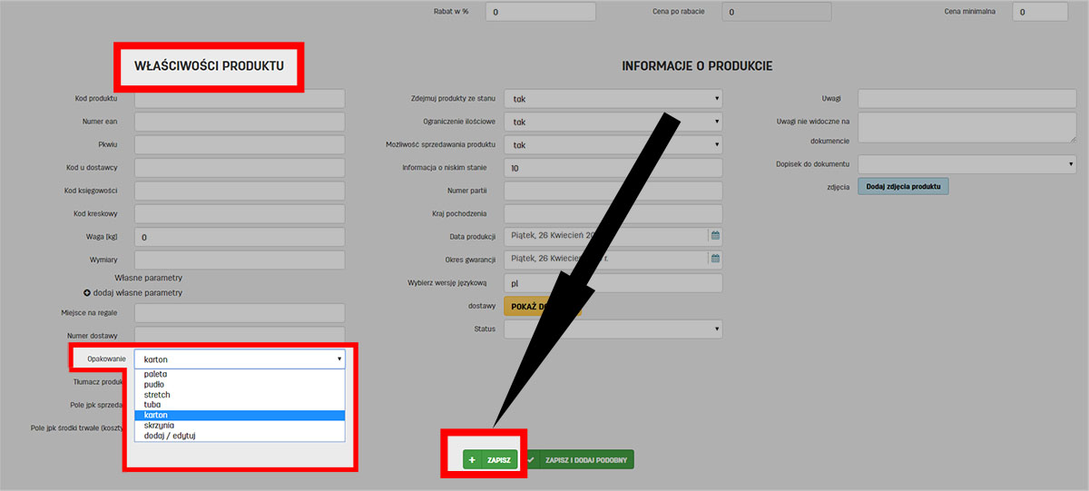 Jak wybrać opakowanie do produktu w edycji jego danych Wybór opakowania dla produktu w serwisie faktury.pl