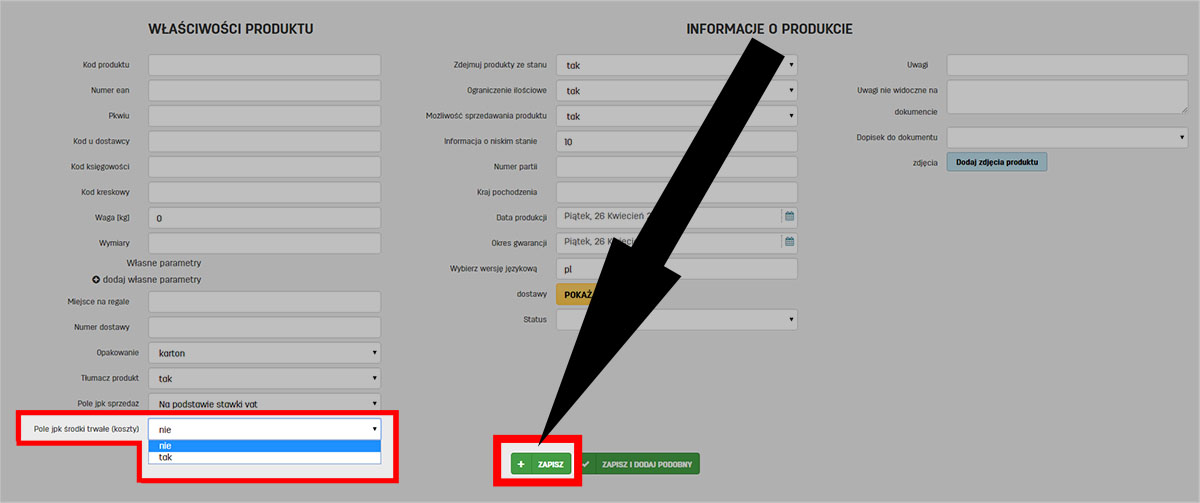 Pole JPK środki trwałe w edycji produktu na faktury.pl