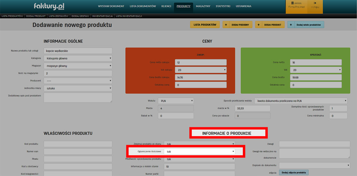 Ustawienia dotyczące ograniczeń ilości produktów na faktury.pl