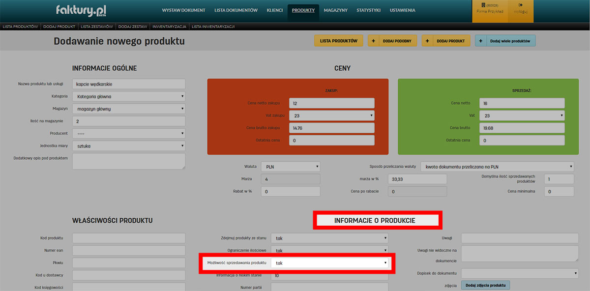 Dane produktu i informacje o produkcie Informacje o produkcie w serwisie faktury.pl
