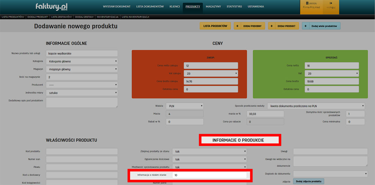 Informacje o niskim stanie produktu w faktury.pl