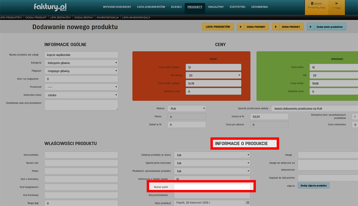 Jak i gdzie wprowadzić numer partii produktu na faktury.pl Numer partii produktu w serwisie faktury.pl
