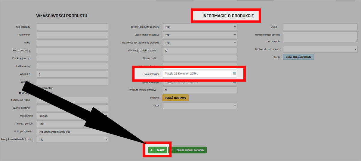 Jak zmienić i zapisać datę produkcji dla produktu w programie faktury.pl Zapis daty produkcji produktu w serwisie faktury.pl
