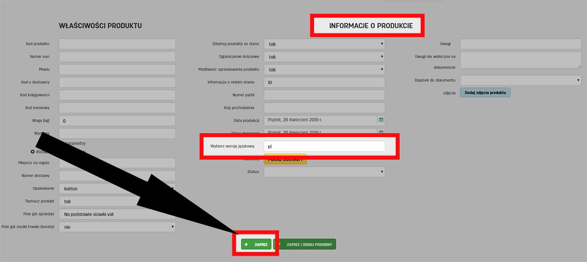 Wybór wersji językowej w danych produktu na faktury.pl Różne wersje językowe produktów w serwisie do faktur faktury.pl