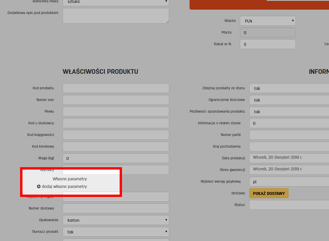 Własne cechy opisujące produkt w programie faktury.pl