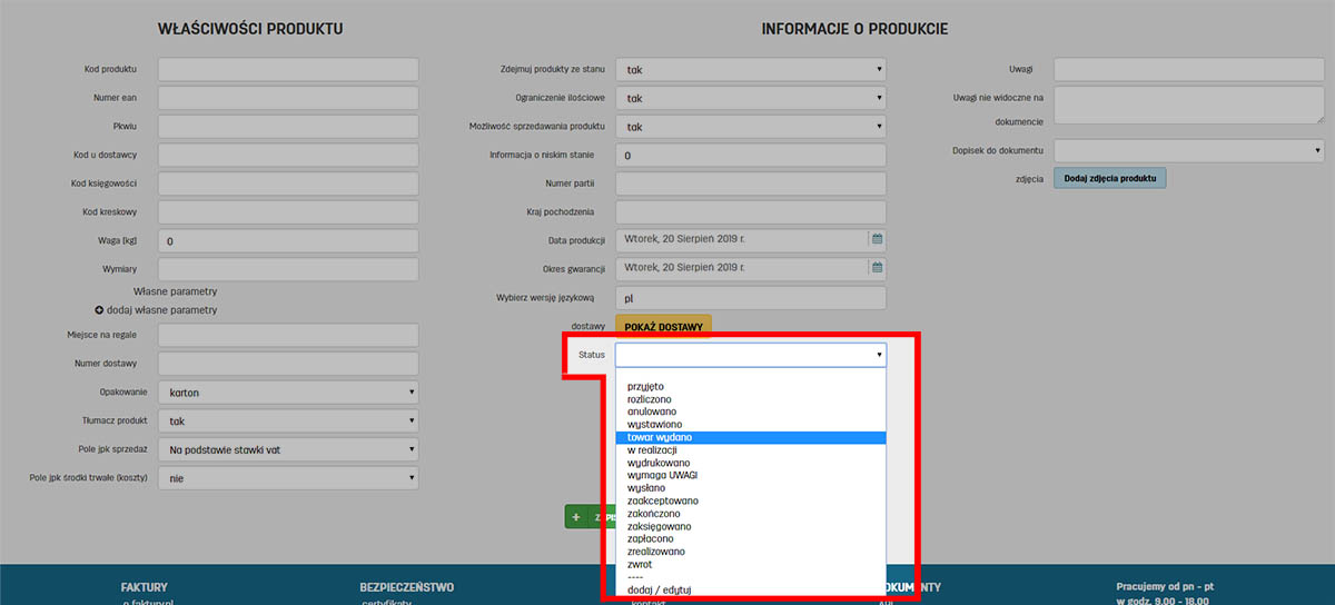 Wysbór statusu dla produktu na faktury.pl