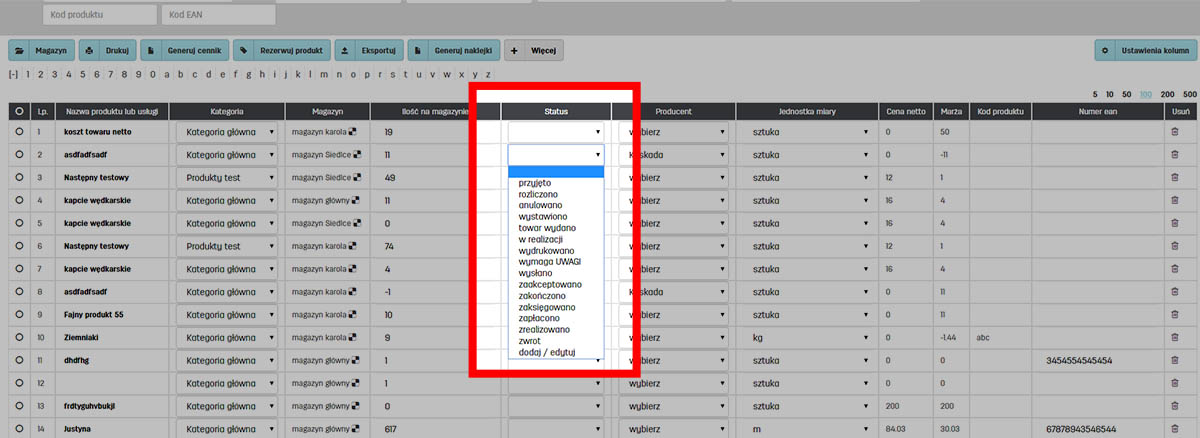 Status produktu na liście produktów w faktury.pl