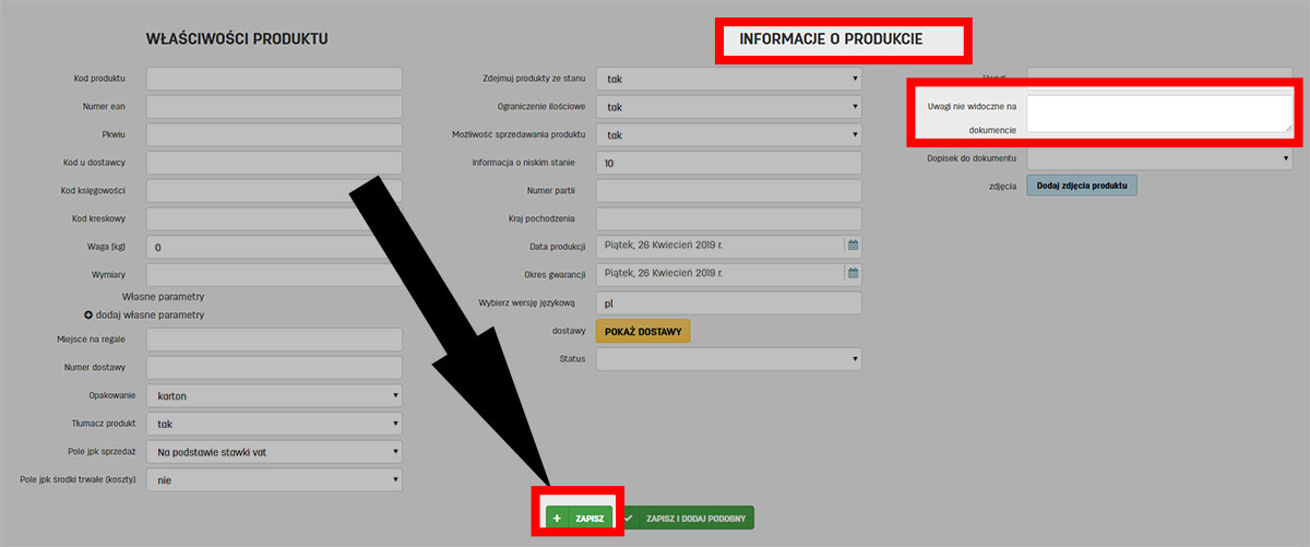 Uwagi do produktu, które wydrukują się na fakturze w faktury.pl Uwagi widoczne na dokumentach w danych produktu na faktury.pl