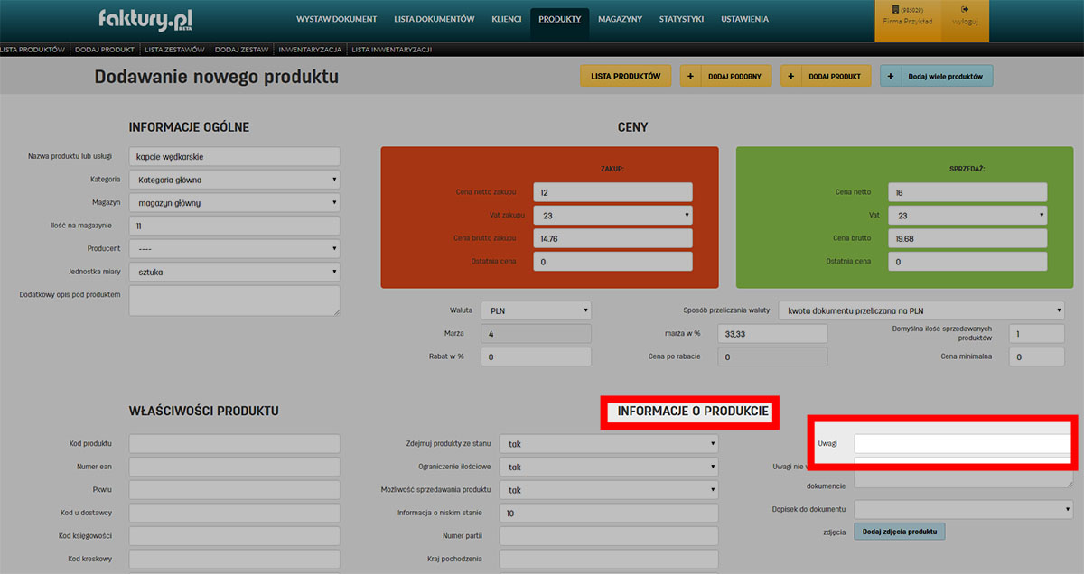 Informacje dotyczące produktu nie widoczne na generowanych dokumentach Informacje i uwagi do produktu na fakturypl