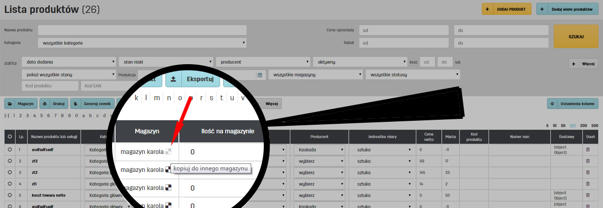 Kopiowanie produktów z listy do innego magazynu