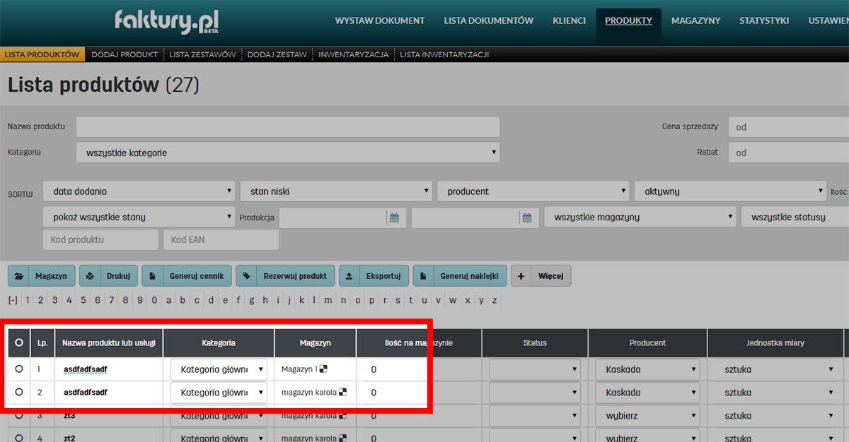 Kopiowanie wybranych produktów do innego magazynu w programie do faktur faktury.pl