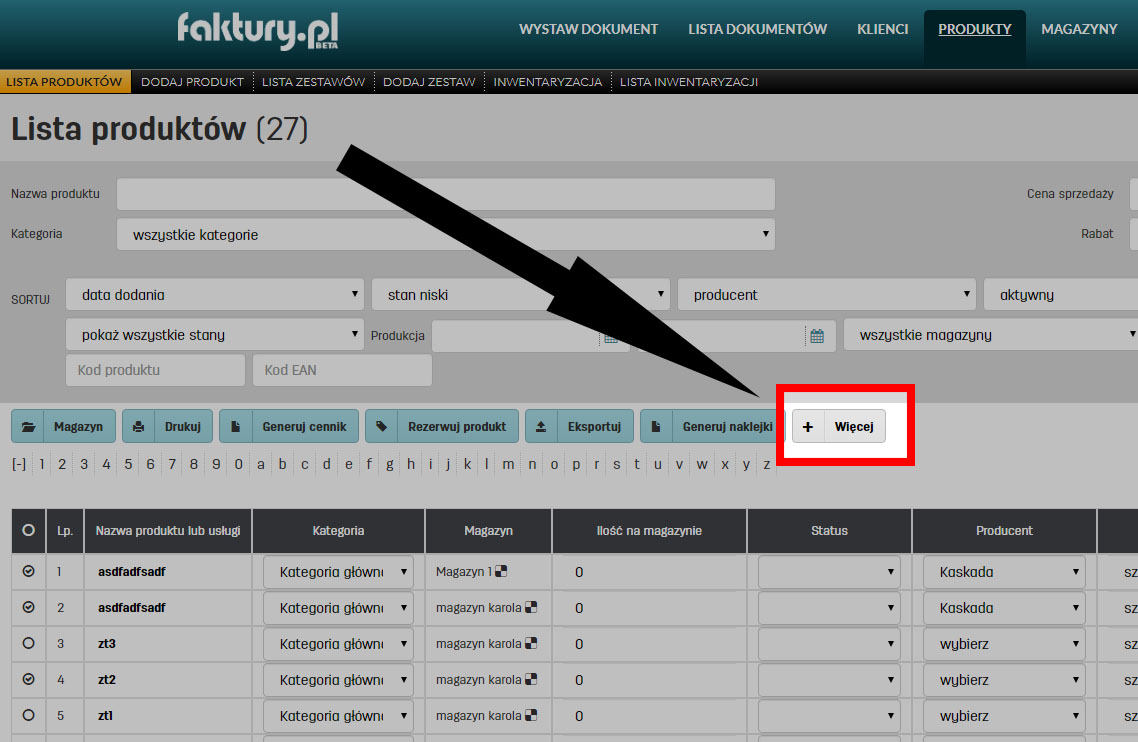 Funkcja kopiowania produktów do innego magazynu na stronie faktury.pl 