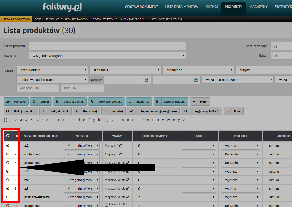Lista produkt&oacute;w w serwisie do fakturowania online faktury.pl