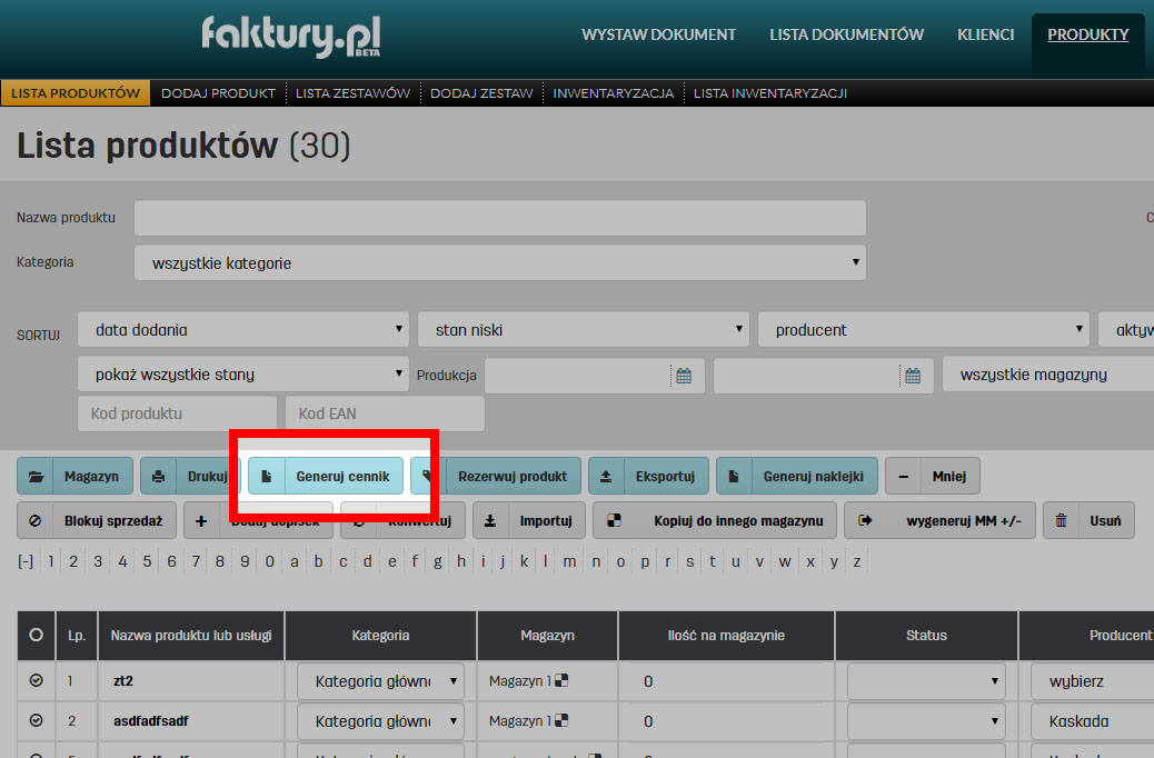 Funkcja generowania cennika dla produkt&oacute;w na liście w serwisie faktury.pl