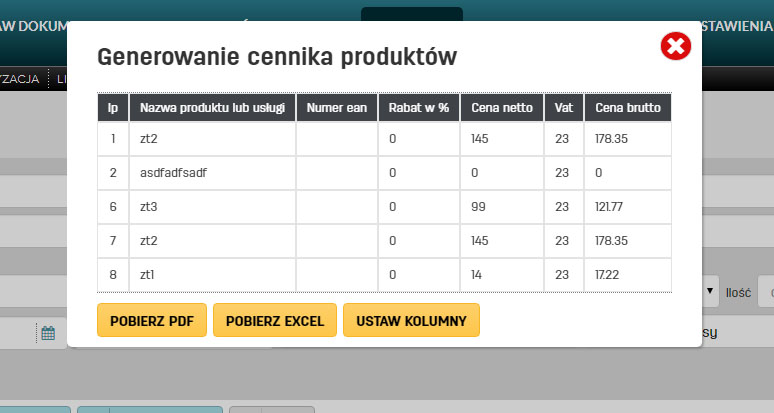 Jak ustawić kolumny w cenniku na faktury.pl Podgląd cennika produktów w najlepszym serwisie do fakturowania online faktury.pl