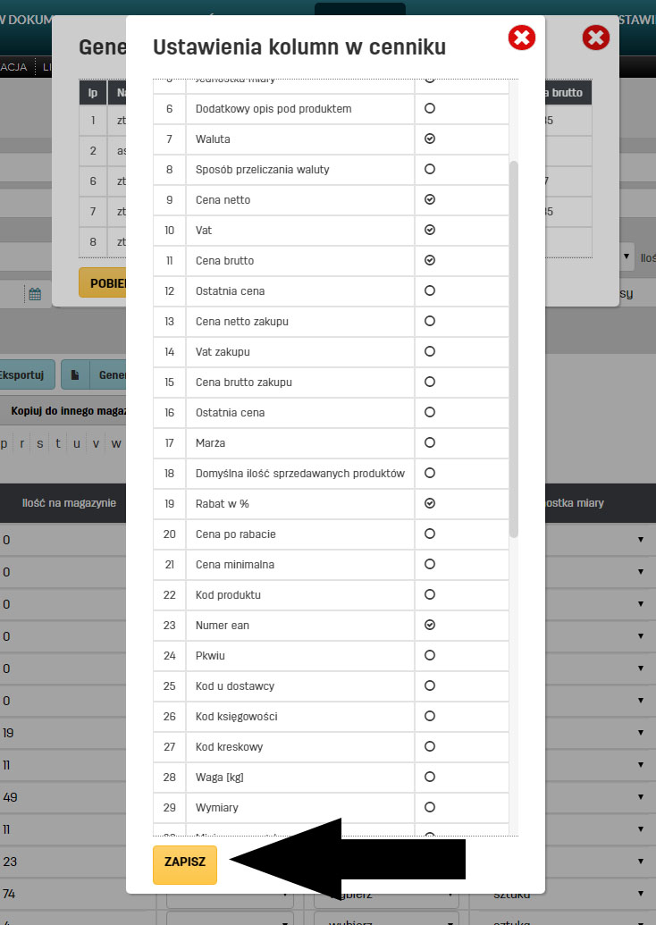 Zmiana widoku kolumn w cenniku produktów na faktury.pl Jak zmienić ustawienia kolumn w cenniku generowanym na faktury.pl