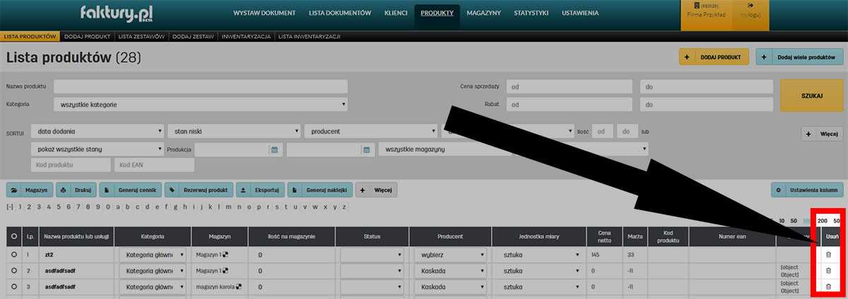 Jak usunąć produkty w programie magazynowym faktury.pl Usuwanie produktów z bazy w programie magazynowym faktury.pl