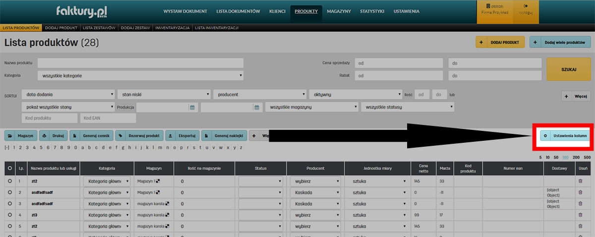 Ustawienia kolumn w tabeli z produktami na faktury.pl