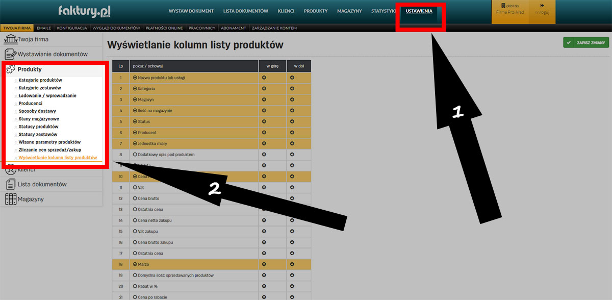 Ustawienia wyświetlania listy produktów na faktury.pl