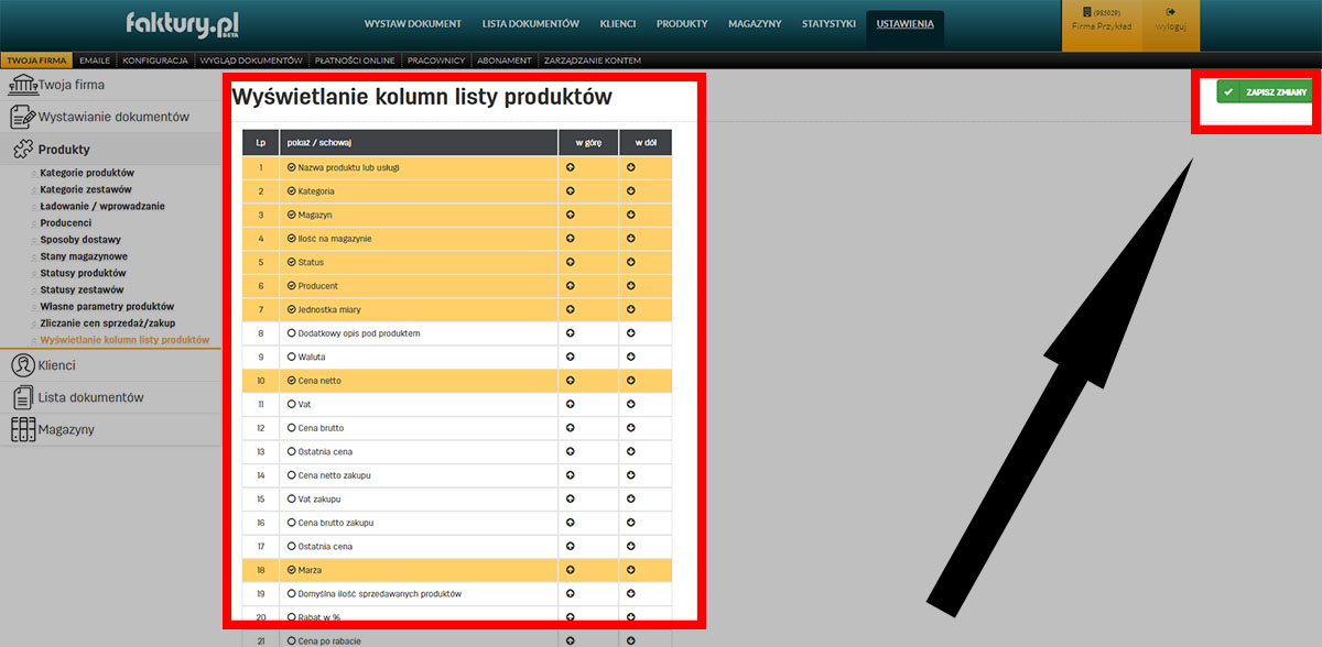 Ustawienia danych wyświetlanych na liście produktów 