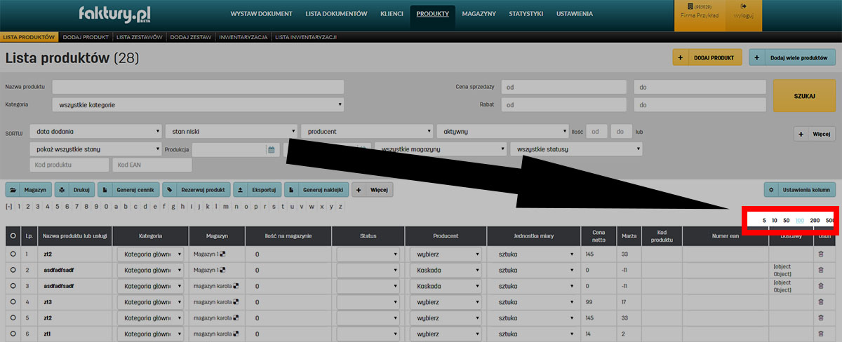 Ilość wyświetlanych produktów w tabeli w serwisie faktury.pl