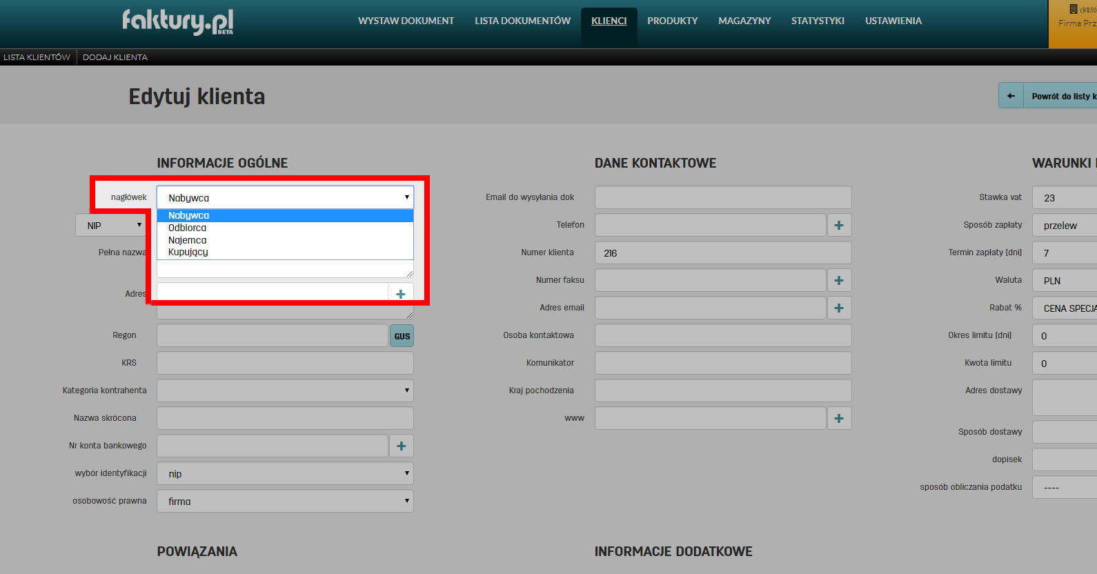 Jak zmienić nagłówek kontrahenta w edycji jego danych na faktury.pl Nagłówki dostępne dla kontrahenta na stronie edycji jego danych w faktury.pl